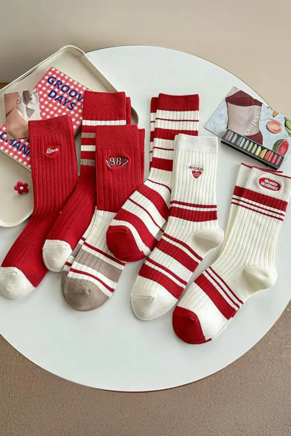 New Dear-Lover Christmas Color Block Ribbed Crew Socks Fiery Red