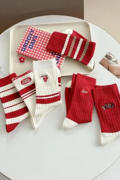 New Dear-Lover Christmas Color Block Ribbed Crew Socks Fiery Red