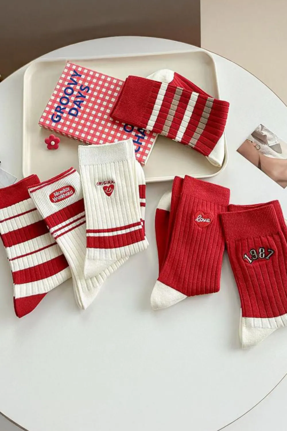 New Dear-Lover Christmas Color Block Ribbed Crew Socks Fiery Red