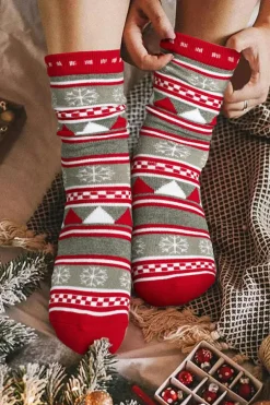 New Dear-Lover Christmas Geometric Snowflake Print Crew Socks Fiery Red