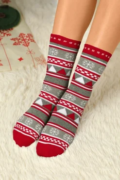 New Dear-Lover Christmas Geometric Snowflake Print Crew Socks Fiery Red