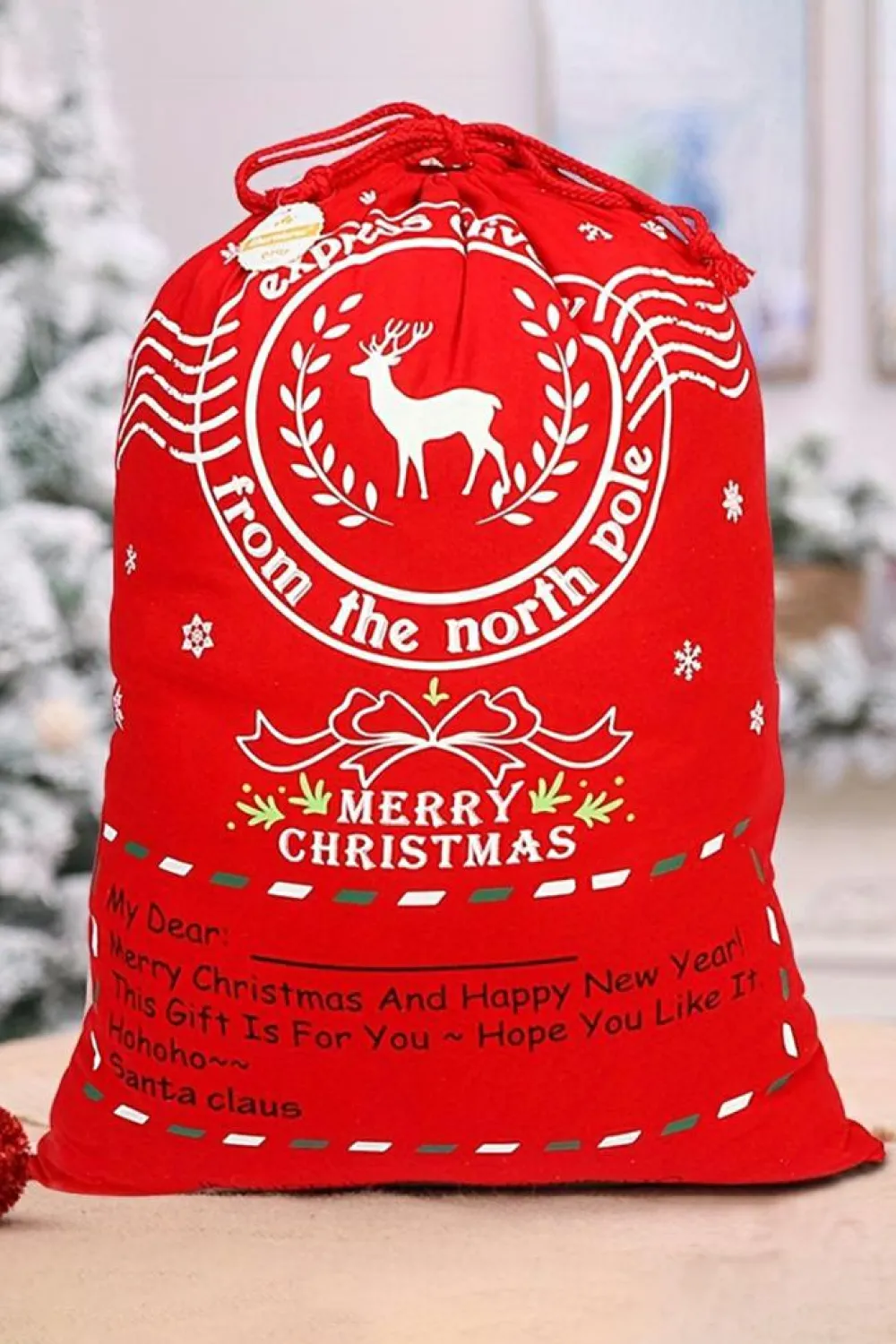 Sale Dear-Lover Christmas Graphic Drawstring Gift Sack Bag Fiery Red