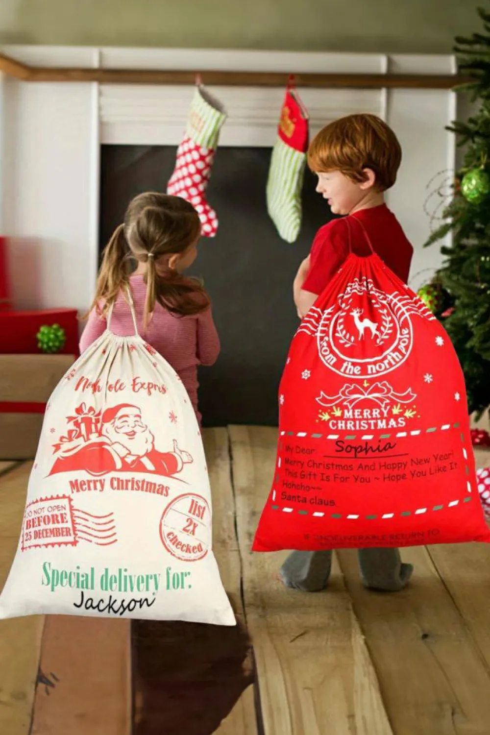 Sale Dear-Lover Christmas Graphic Drawstring Gift Sack Bag Fiery Red
