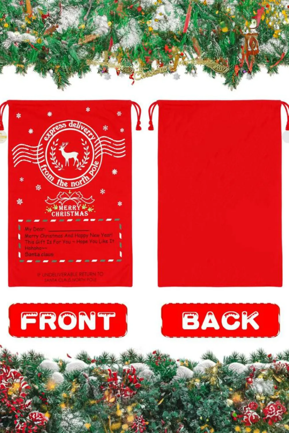 Sale Dear-Lover Christmas Graphic Drawstring Gift Sack Bag Fiery Red