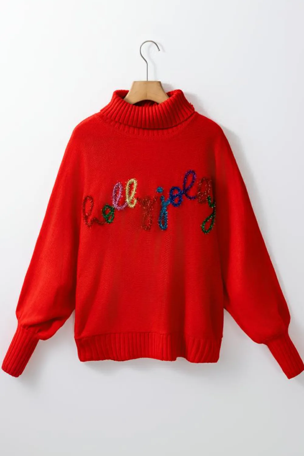 Clearance Dear-Lover Christmas Holly Jolly Tinsel Graphic High Neck Sweater Fiery Red