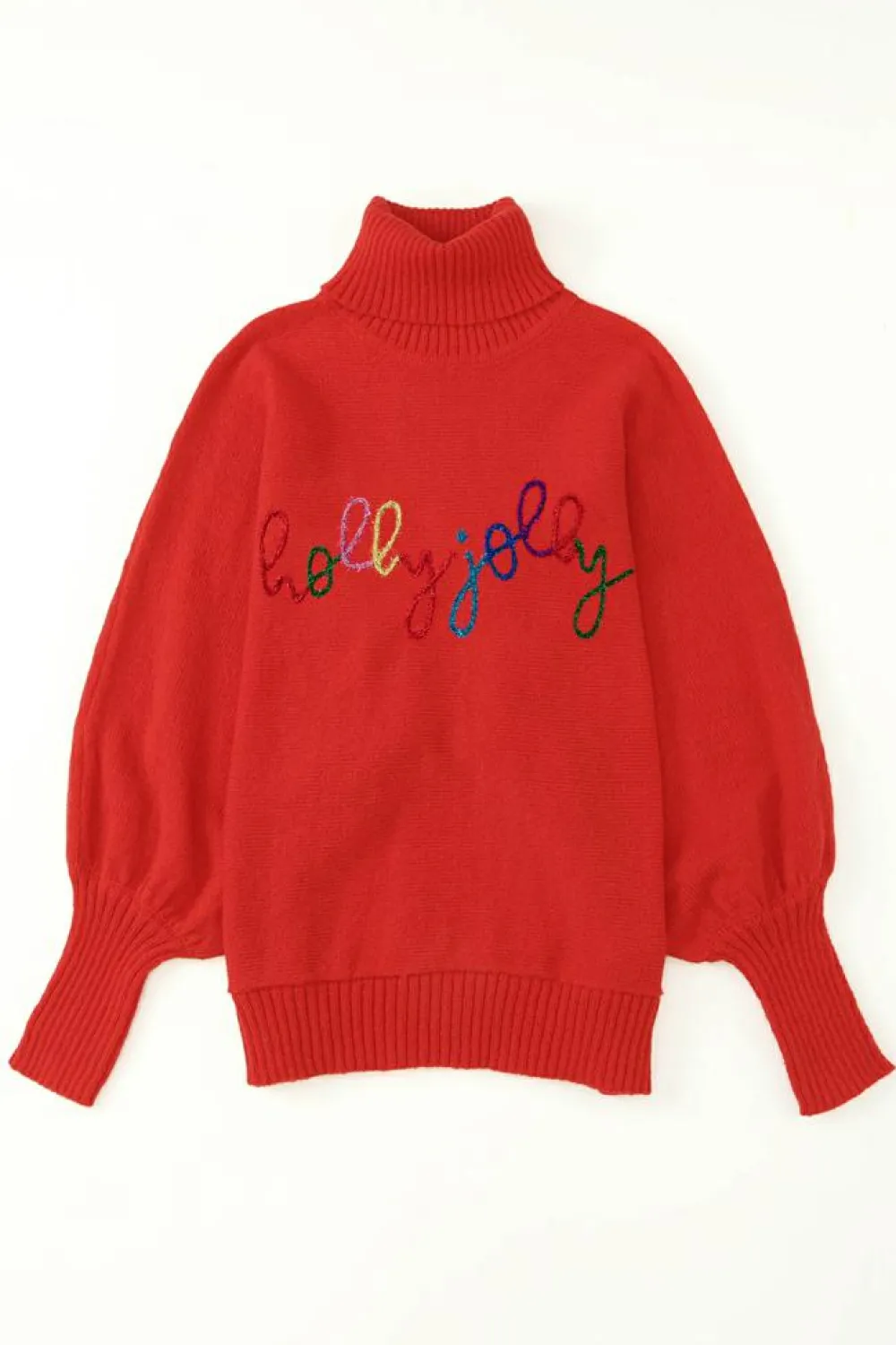 Clearance Dear-Lover Christmas Holly Jolly Tinsel Graphic High Neck Sweater Fiery Red