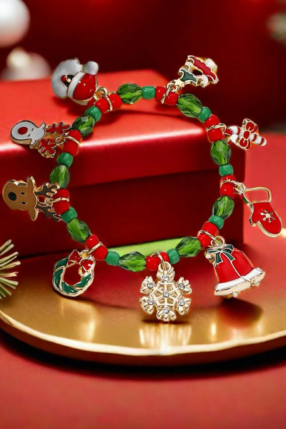 Sale Dear-Lover Christmas Pattern Pendant Beaded Bracelet Fiery Red