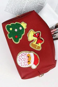 Outlet Dear-Lover Christmas Pattern Chenille Patched PU Zipper Makeup Bag Fiery Red
