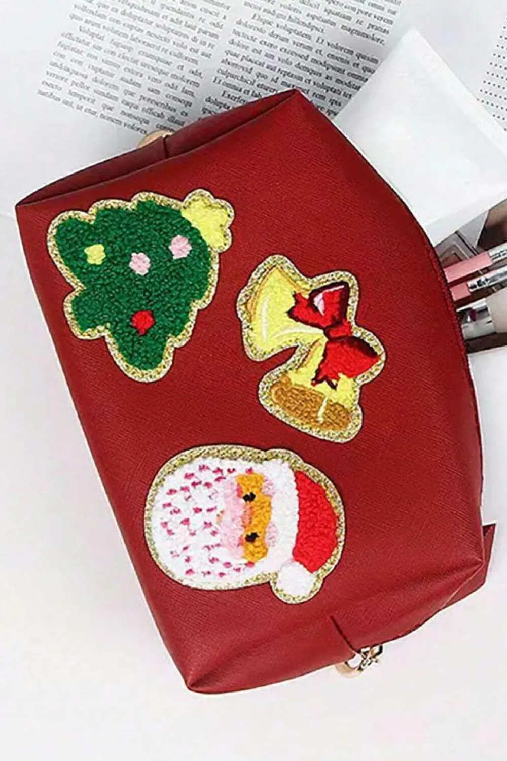 Outlet Dear-Lover Christmas Pattern Chenille Patched PU Zipper Makeup Bag Fiery Red