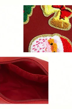 Outlet Dear-Lover Christmas Pattern Chenille Patched PU Zipper Makeup Bag Fiery Red