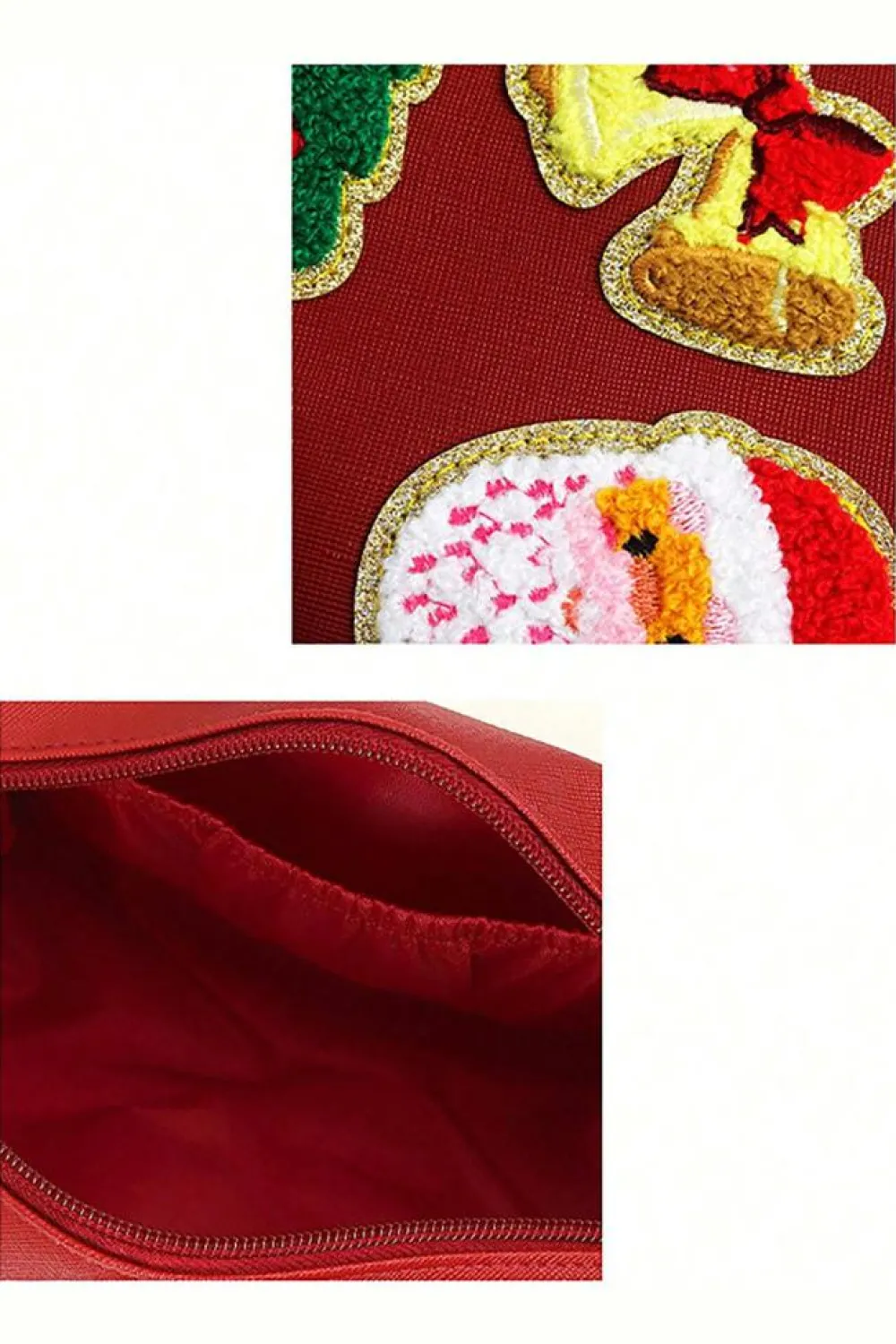 Outlet Dear-Lover Christmas Pattern Chenille Patched PU Zipper Makeup Bag Fiery Red