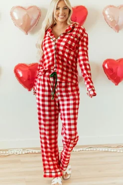 New Dear-Lover Christmas Plaid Print Shirt and Pants Pajama Set Fiery Red