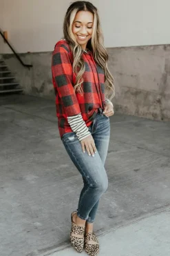 Fashion Dear-Lover Christmas Plaid Striped Patchwork Drawstring Hoodie Fiery Red