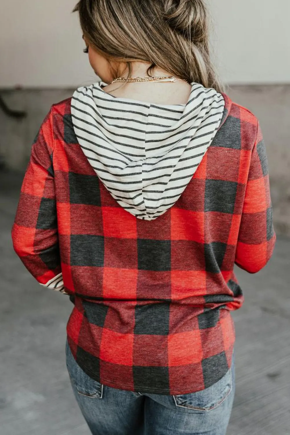 Fashion Dear-Lover Christmas Plaid Striped Patchwork Drawstring Hoodie Fiery Red