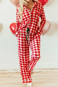 New Dear-Lover Christmas Plaid Print Shirt and Pants Pajama Set Fiery Red