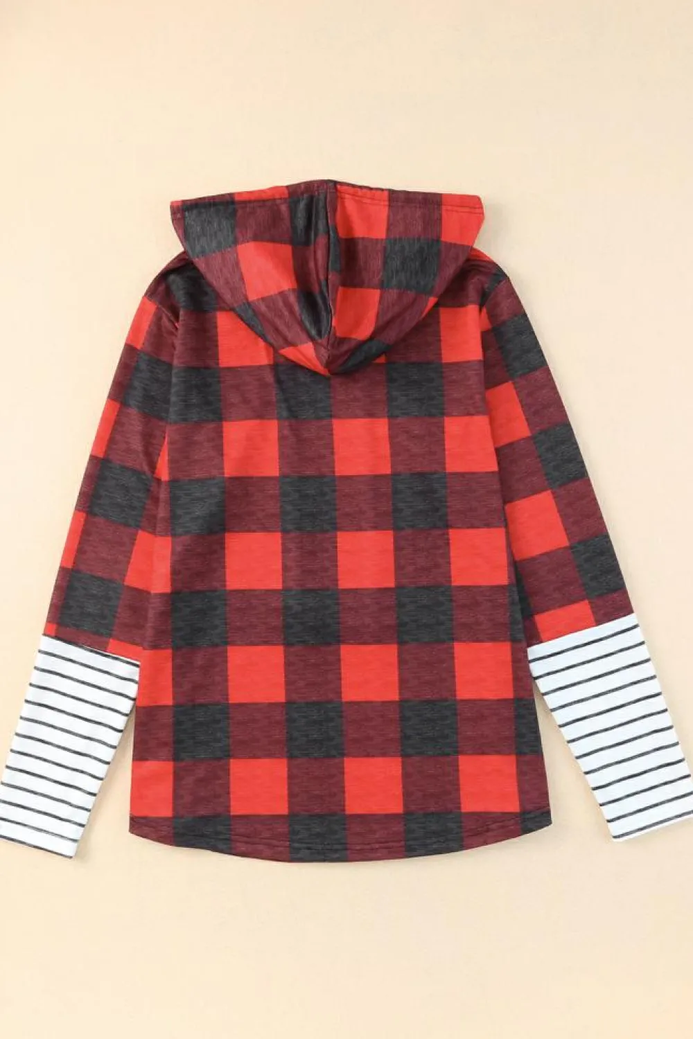 Fashion Dear-Lover Christmas Plaid Striped Patchwork Drawstring Hoodie Fiery Red