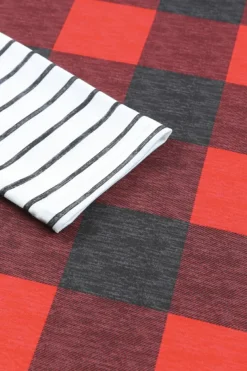 Fashion Dear-Lover Christmas Plaid Striped Patchwork Drawstring Hoodie Fiery Red