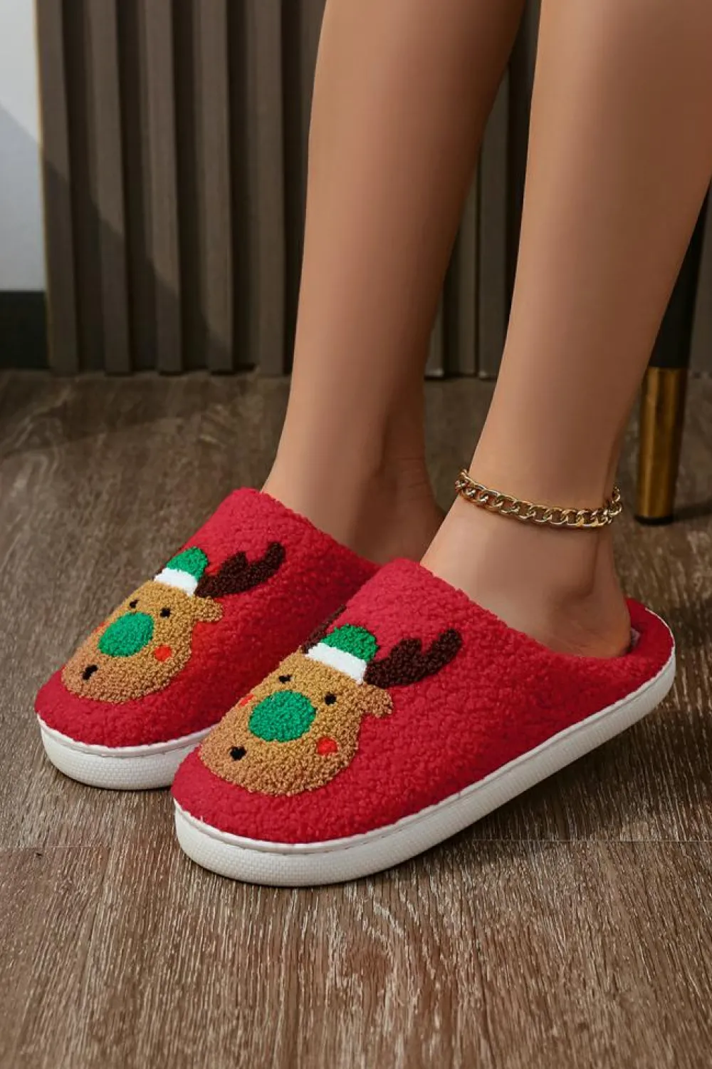 Online Dear-Lover Christmas Reindeer Pattern Thick Sole Plush Slippers Fiery Red