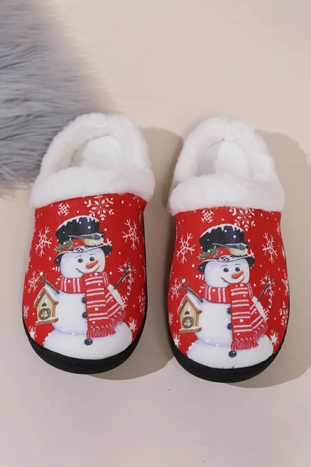 Fashion Dear-Lover Christmas Snowman Print Plush Home Slippers Fiery Red