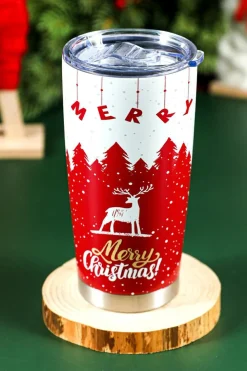Online Dear-Lover Christmas Tree Elk Print Stainless Steel Tumbler 20 OZ Fiery Red