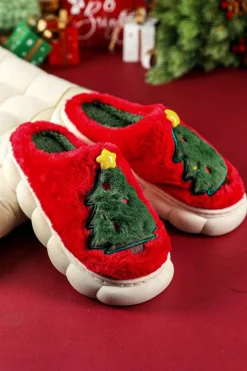 Sale Dear-Lover Christmas Tree Graphic Thick Sole Plush Slippers Fiery Red
