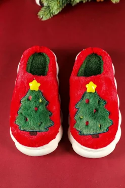 Sale Dear-Lover Christmas Tree Graphic Thick Sole Plush Slippers Fiery Red