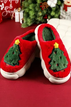 Sale Dear-Lover Christmas Tree Graphic Thick Sole Plush Slippers Fiery Red