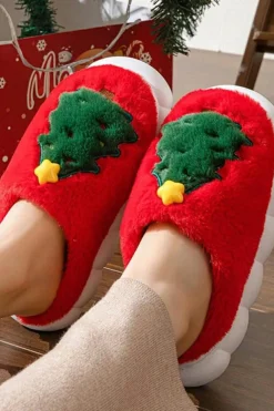 Sale Dear-Lover Christmas Tree Graphic Thick Sole Plush Slippers Fiery Red