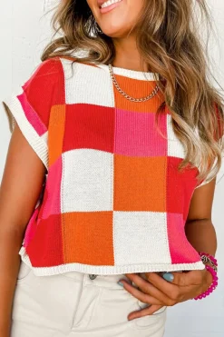 Best Dear-Lover Color Block Cap Sleeve Sweater Fiery Red