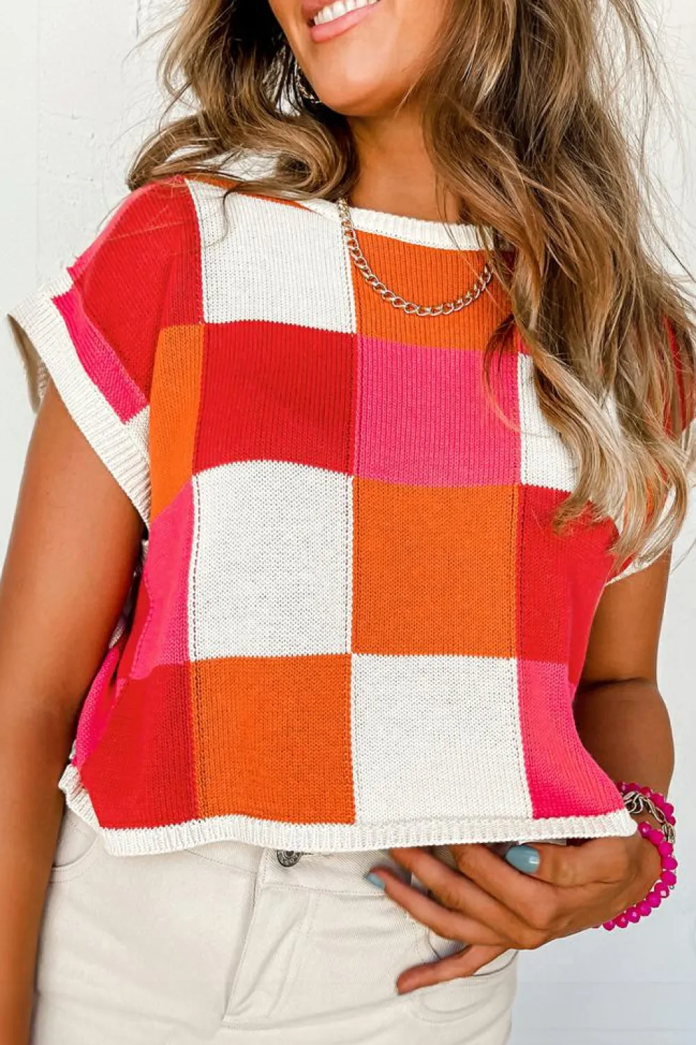 Best Dear-Lover Color Block Cap Sleeve Sweater Fiery Red