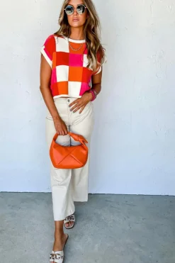 Best Dear-Lover Color Block Cap Sleeve Sweater Fiery Red