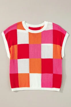 Best Dear-Lover Color Block Cap Sleeve Sweater Fiery Red