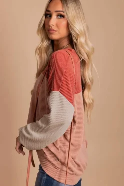 Outlet Dear-Lover Color Block Long Sleeve Ribbed Loose Top Fiery Red