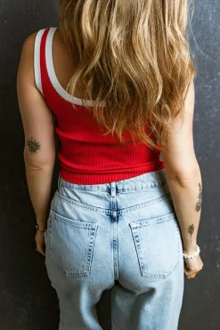 Discount Dear-Lover Colorblock Edge Ribbed Knit U Neck Tank Top Fiery Red
