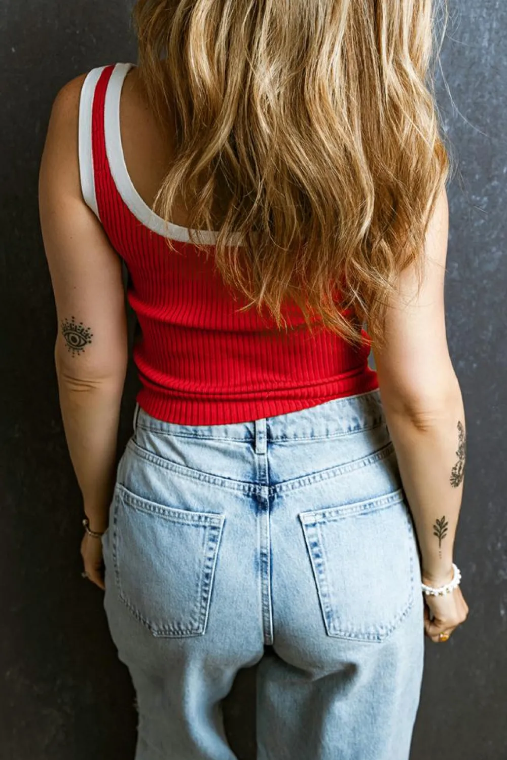 Discount Dear-Lover Colorblock Edge Ribbed Knit U Neck Tank Top Fiery Red