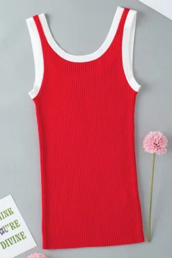 Discount Dear-Lover Colorblock Edge Ribbed Knit U Neck Tank Top Fiery Red