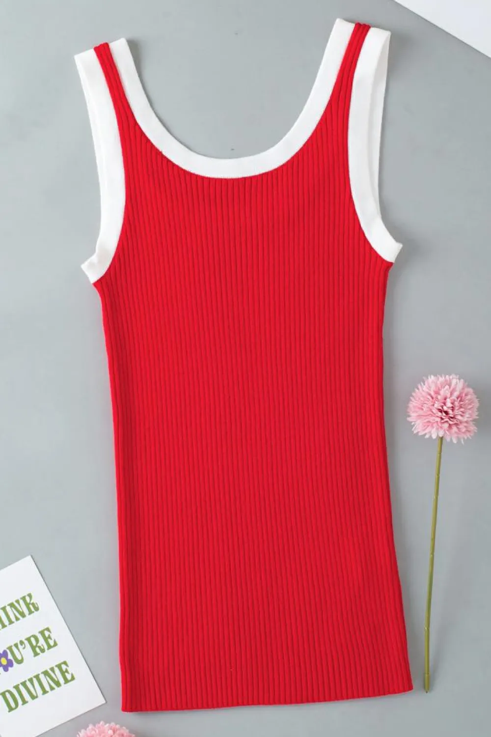 Discount Dear-Lover Colorblock Edge Ribbed Knit U Neck Tank Top Fiery Red