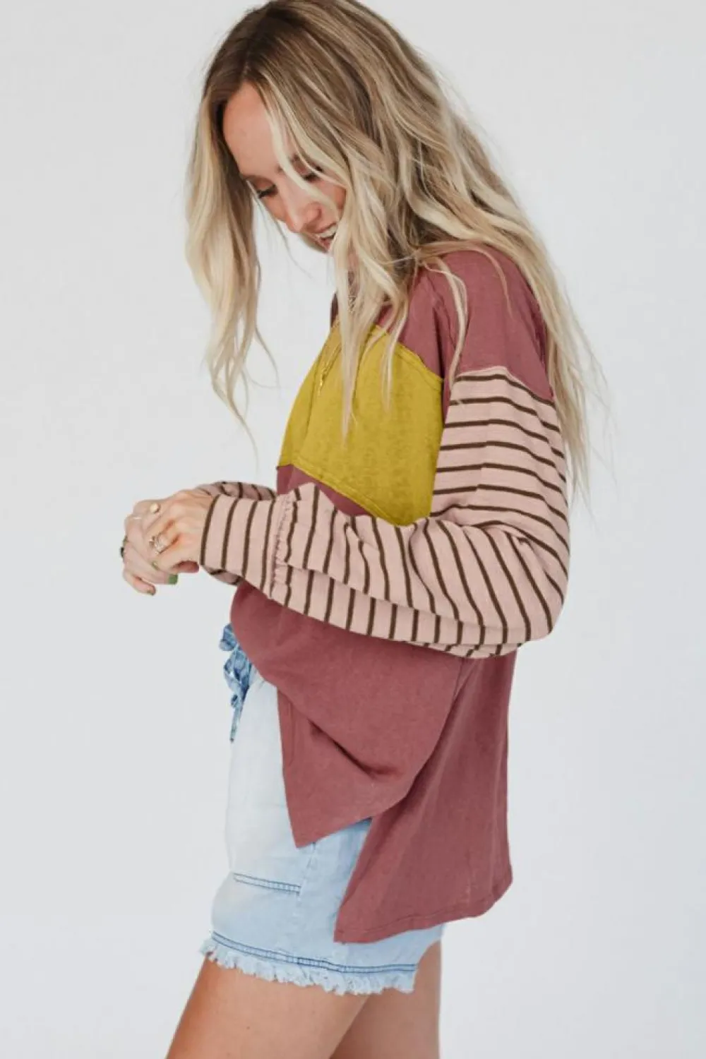 Discount Dear-Lover Colorblock Striped Bishop Sleeve Top Fiery Red