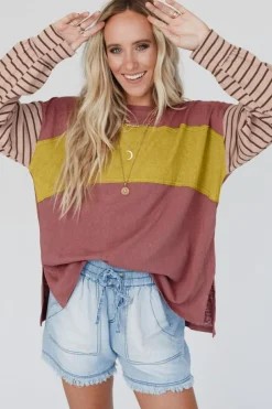 Discount Dear-Lover Colorblock Striped Bishop Sleeve Top Fiery Red