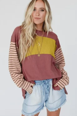 Discount Dear-Lover Colorblock Striped Bishop Sleeve Top Fiery Red