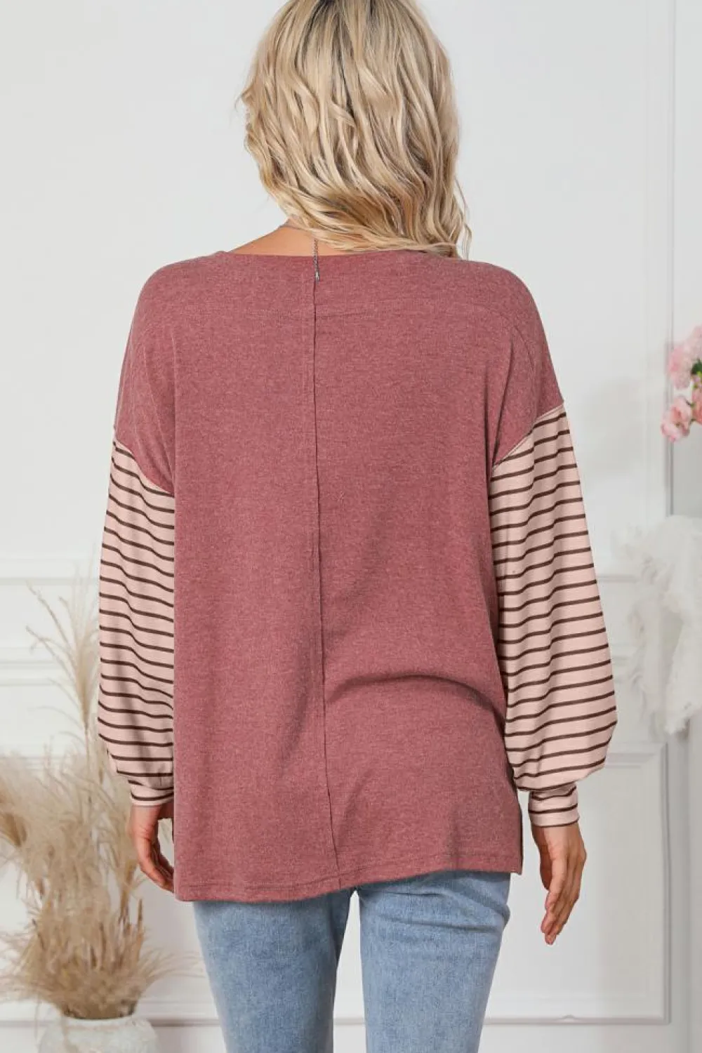Discount Dear-Lover Colorblock Striped Bishop Sleeve Top Fiery Red