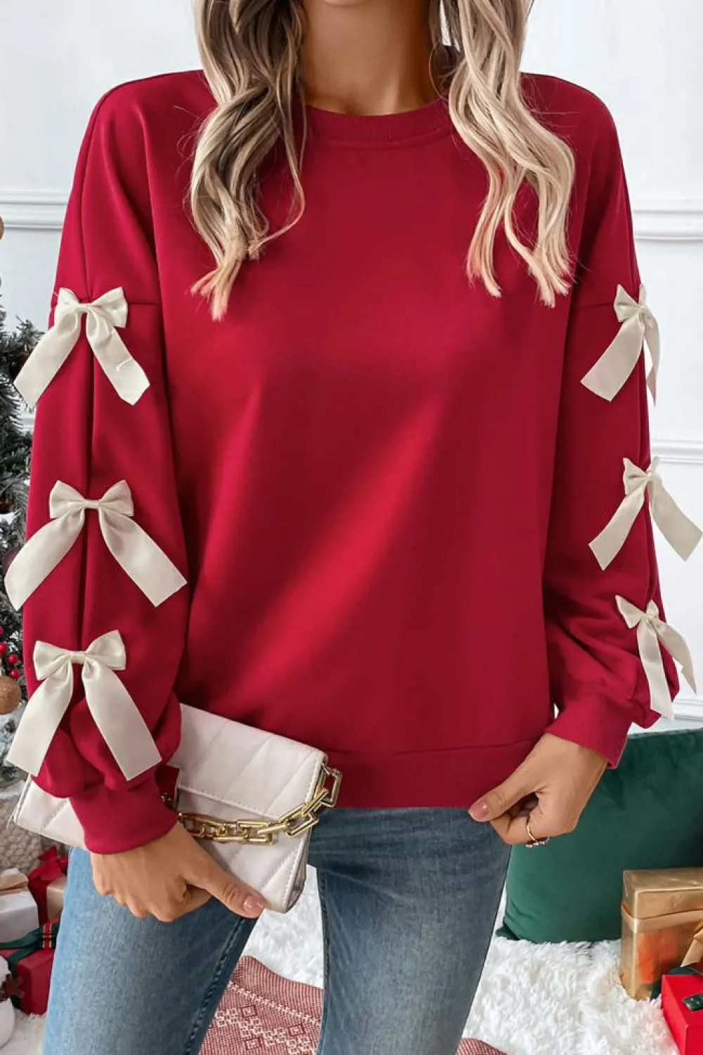 Best Dear-Lover Contrast Bow Decor Dropped Sleeve Crewneck Sweatshirt Fiery Red