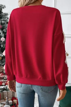 Best Dear-Lover Contrast Bow Decor Dropped Sleeve Crewneck Sweatshirt Fiery Red