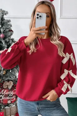 Best Dear-Lover Contrast Bow Decor Dropped Sleeve Crewneck Sweatshirt Fiery Red