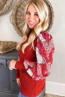 Online Dear-Lover Contrast Mixed Animal Print Lantern Sleeve Patchwork Top Fiery Red