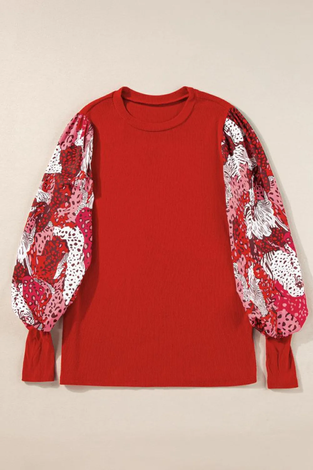 Online Dear-Lover Contrast Mixed Animal Print Lantern Sleeve Patchwork Top Fiery Red