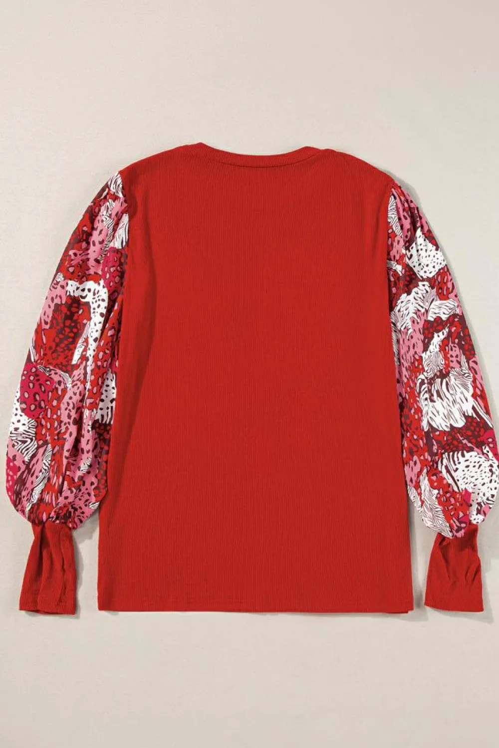 Online Dear-Lover Contrast Mixed Animal Print Lantern Sleeve Patchwork Top Fiery Red