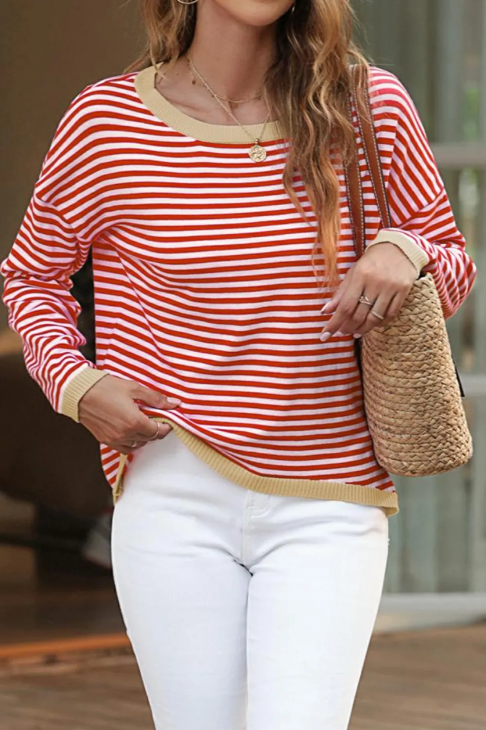New Dear-Lover Contrast Trimmed Striped Drop Shoulder Sweater Fiery Red