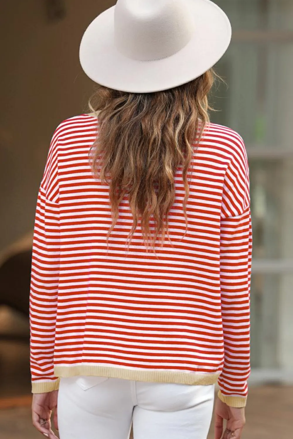 New Dear-Lover Contrast Trimmed Striped Drop Shoulder Sweater Fiery Red