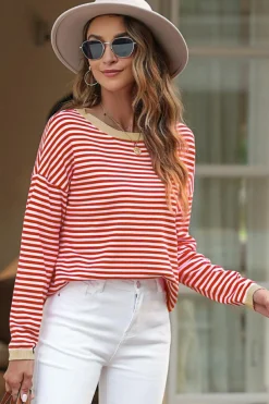 New Dear-Lover Contrast Trimmed Striped Drop Shoulder Sweater Fiery Red